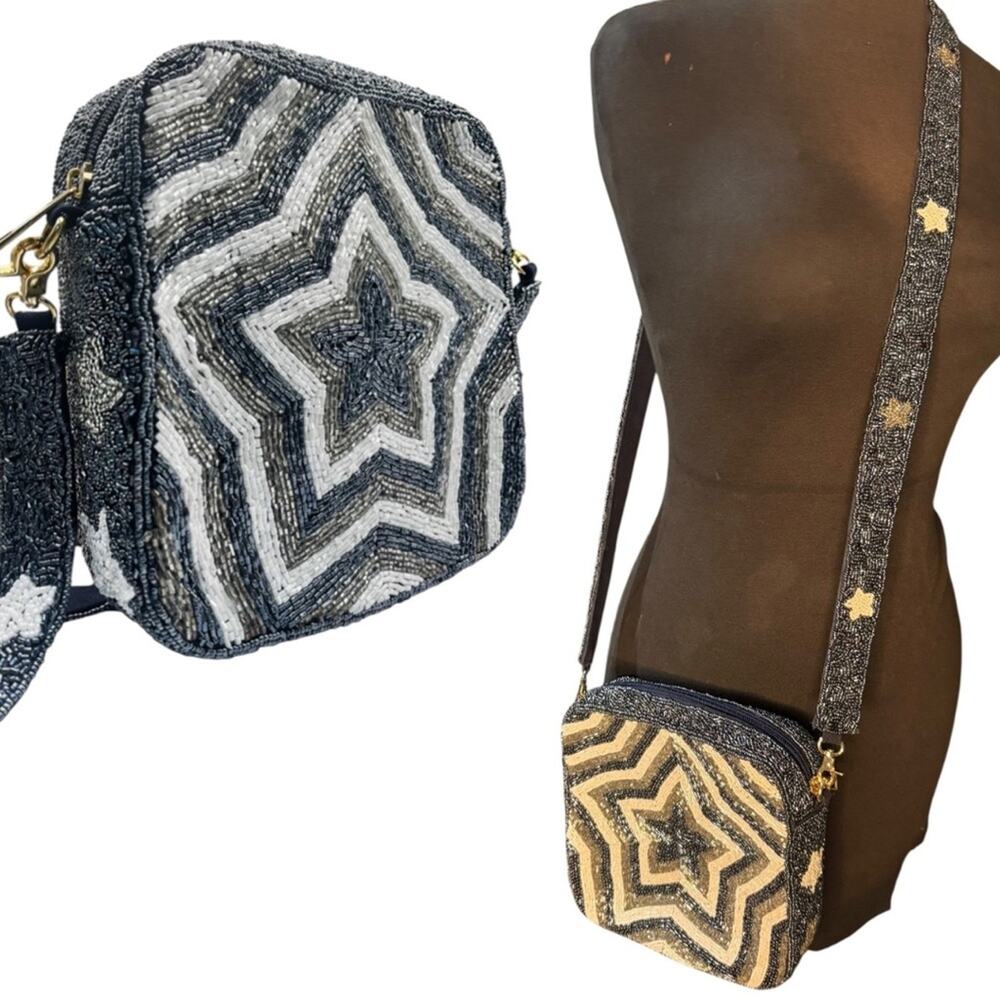 Beaded Navy Star Dallas Cowboys Crossbody Box Bag Glam Metallic Artsy Feminine